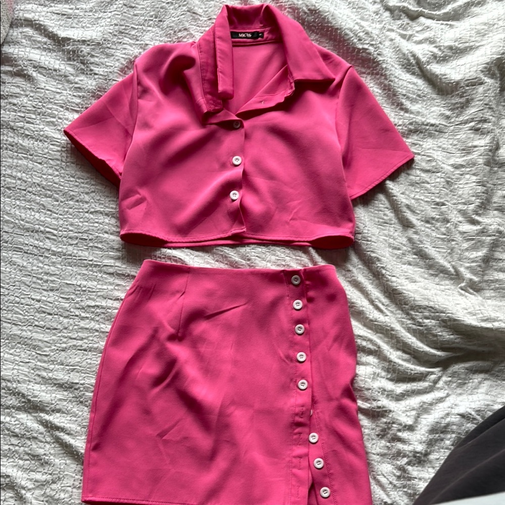 Pink Button-Up Skirt Set
